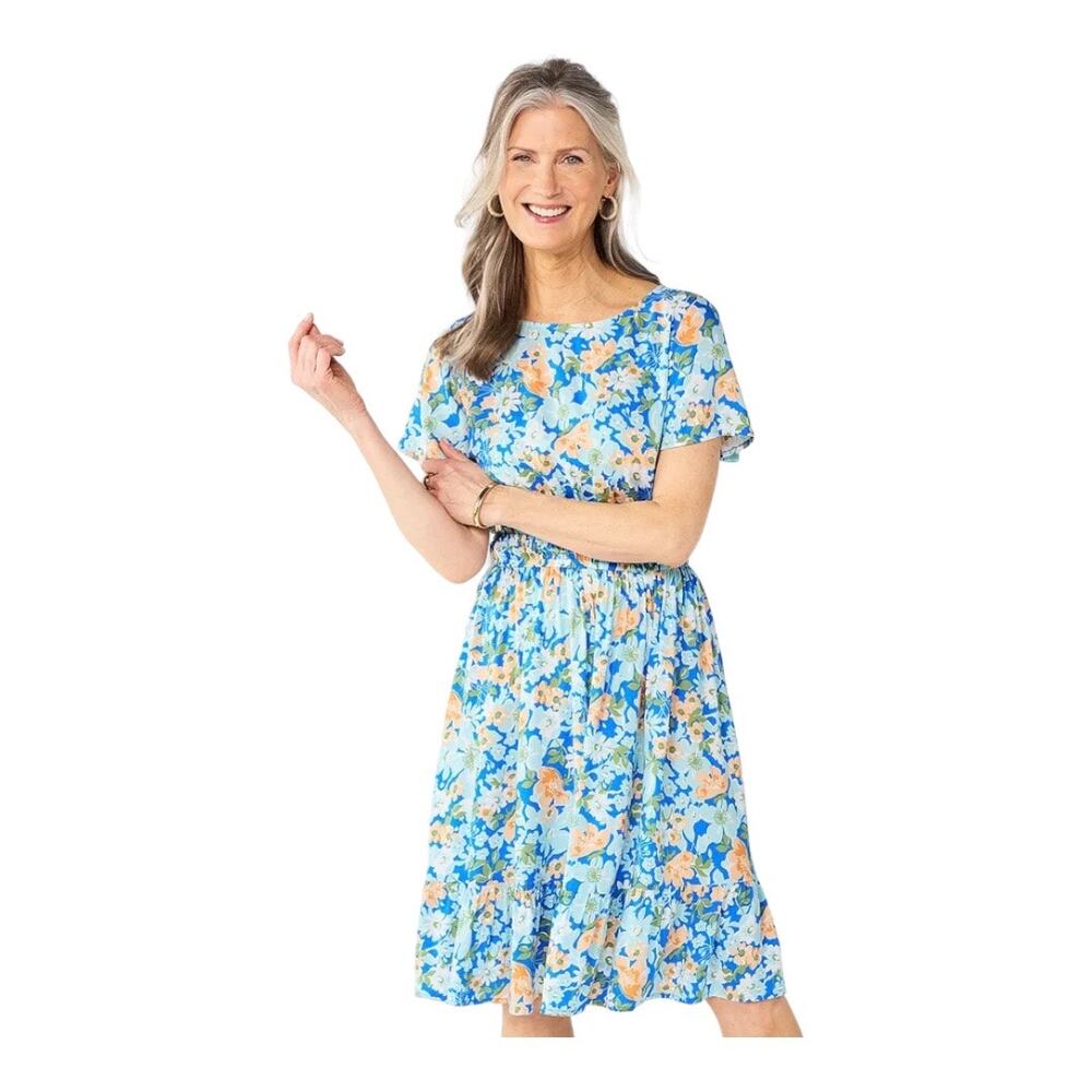 Croft & Barrow Floral Dress Midi Short Sleeve Blue Peach XXL Feminine Cottage